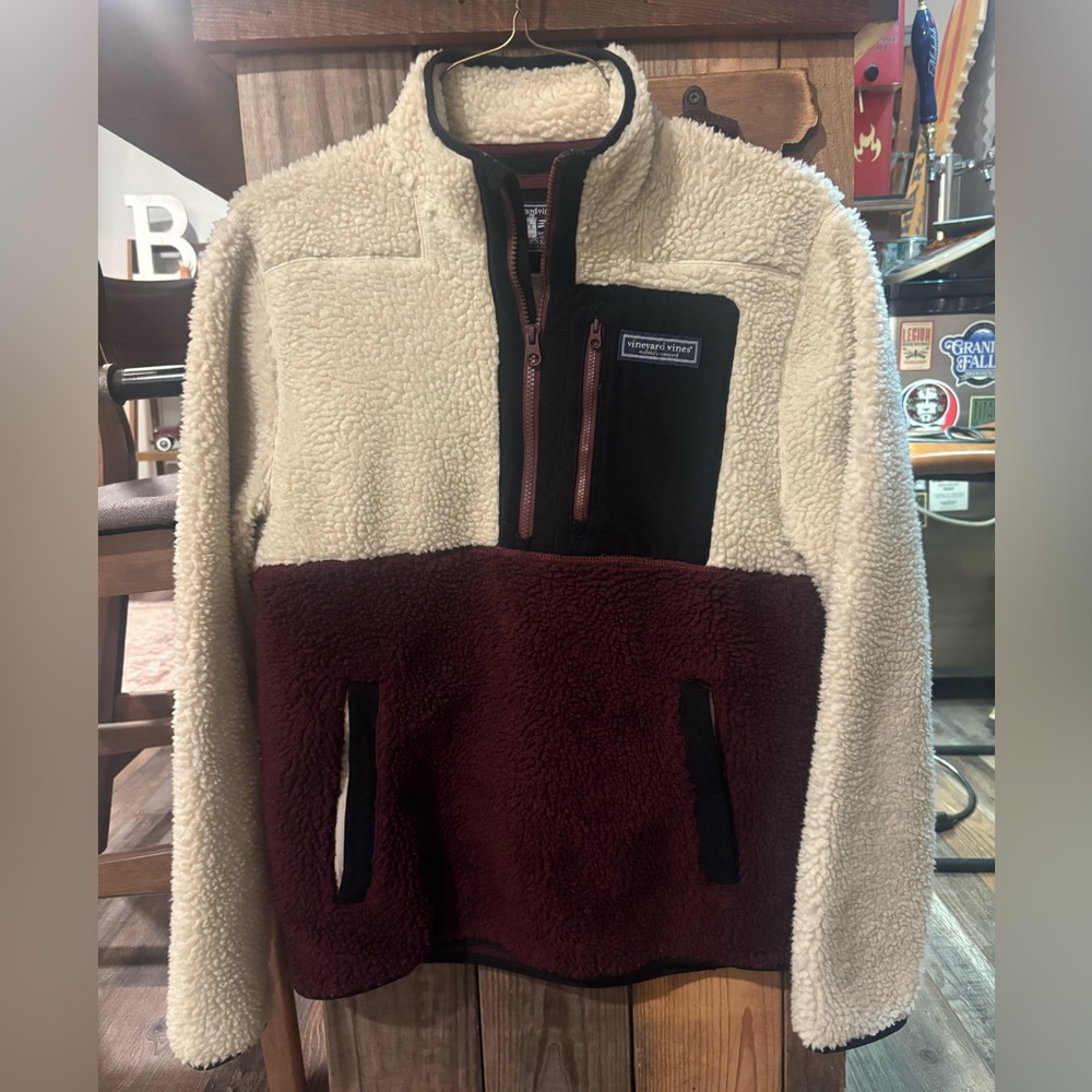 Vineyard Vines Burgundy and Cream Sherpa Pullover